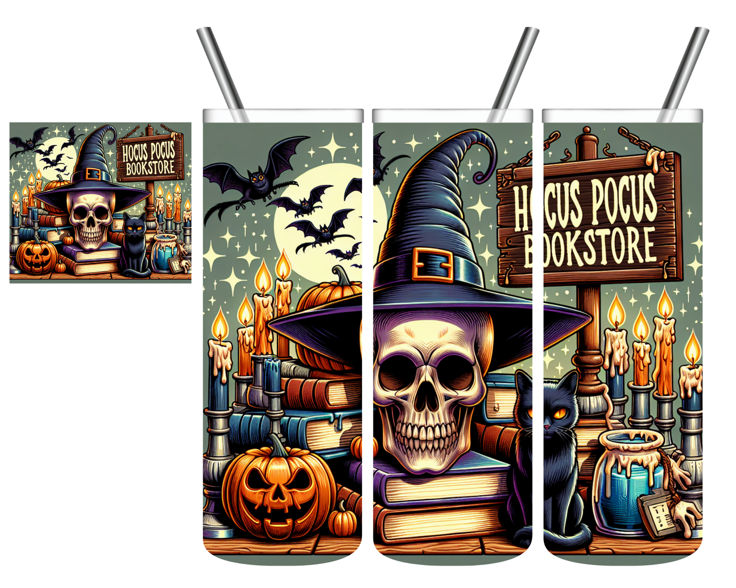 Hocus Pocus Bookstore Books Halloween Skull 20 oz Tumbler