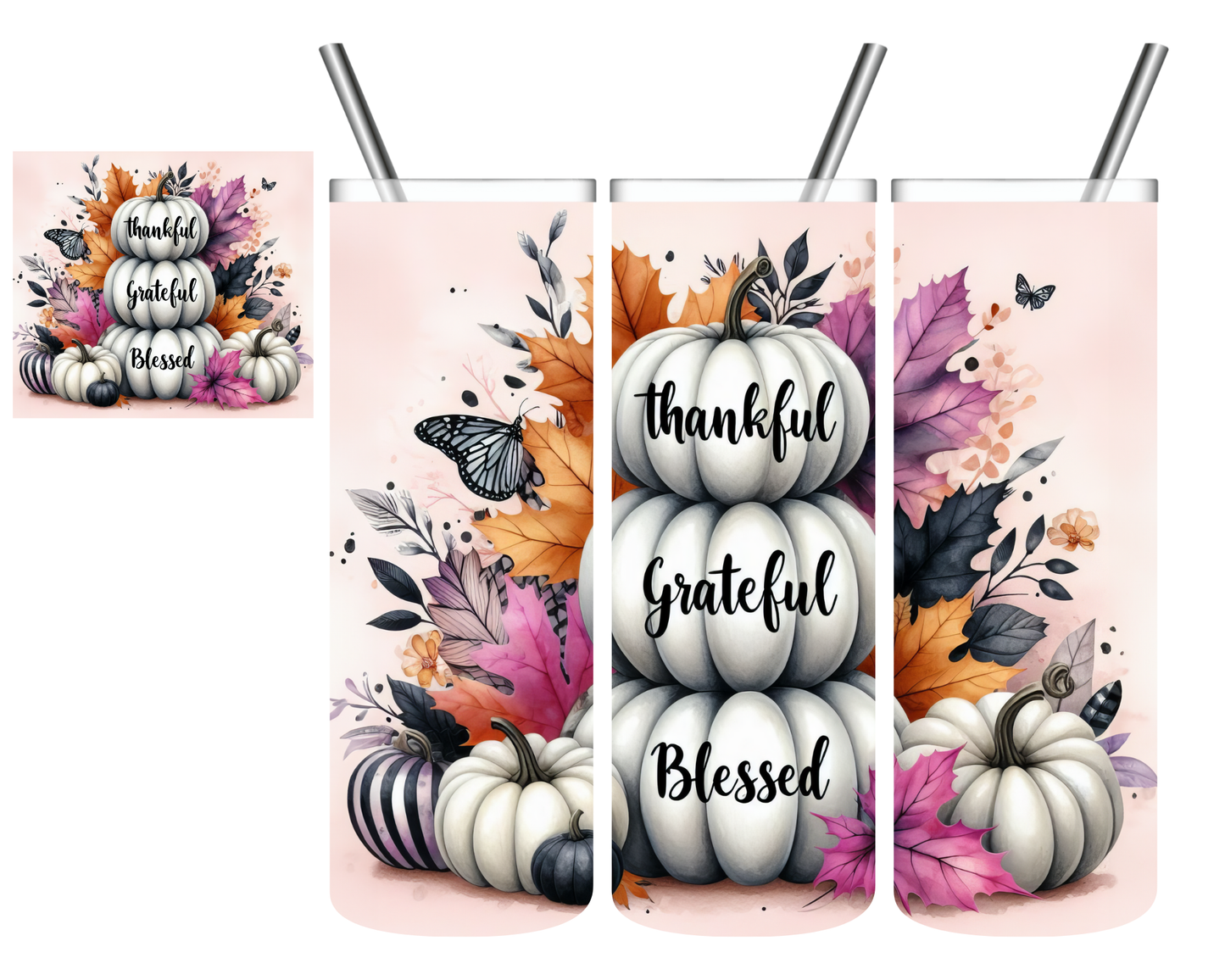 Thankful Grateful Blessed White Pumpkin 20 oz Tumbler