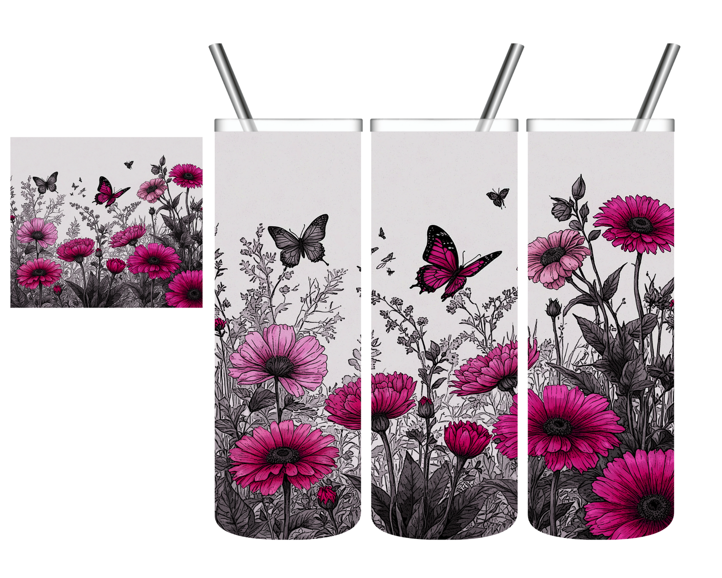 Pink Floral Butterfly 20 oz Tumbler