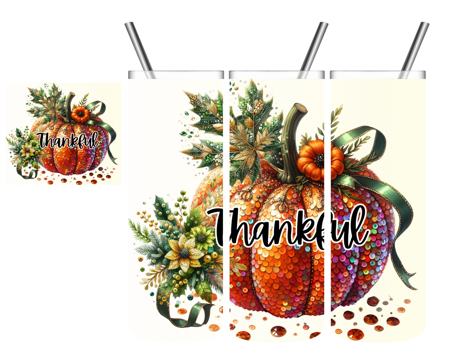 Thankful Sequin Pumpkin Thanksgiving 20 oz Tumbler