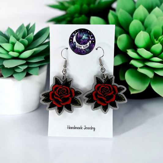 Vintage Sailor Tattoo Style Rose Acrylic Earrings