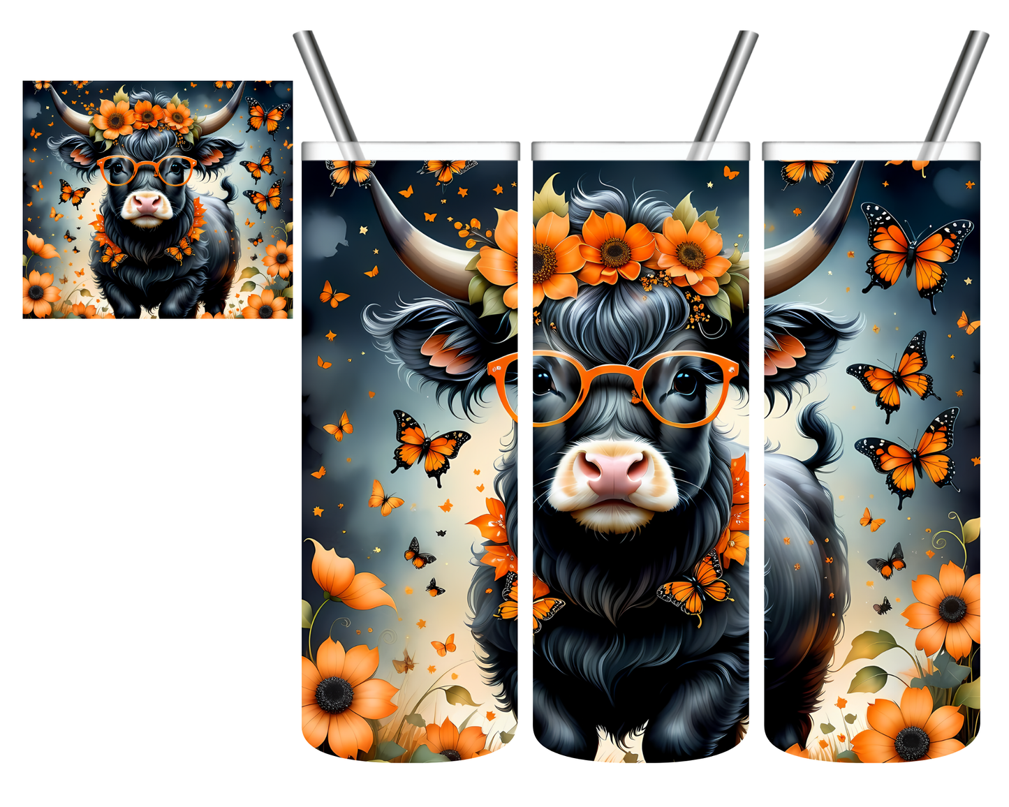 Black Butterfly Highland Cow 20 oz Tumbler