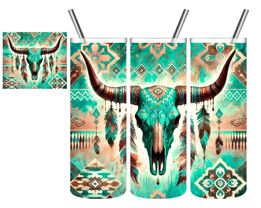 Teal Cow Skull Western 20 oz Tumbler