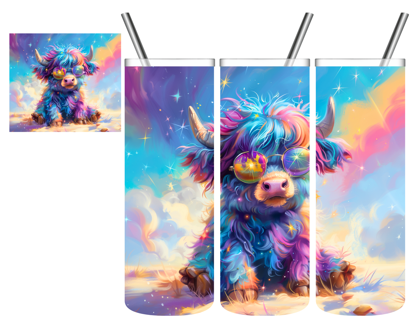 Rainbow Cloud Highland Cow 20 oz Tumbler