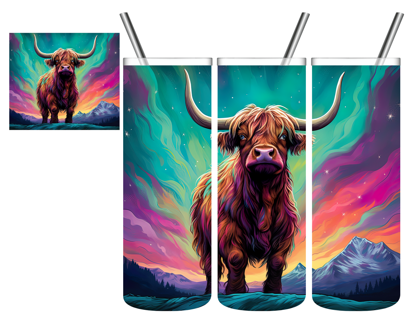 Northern Lights Highland Cow 20 oz Tumbler